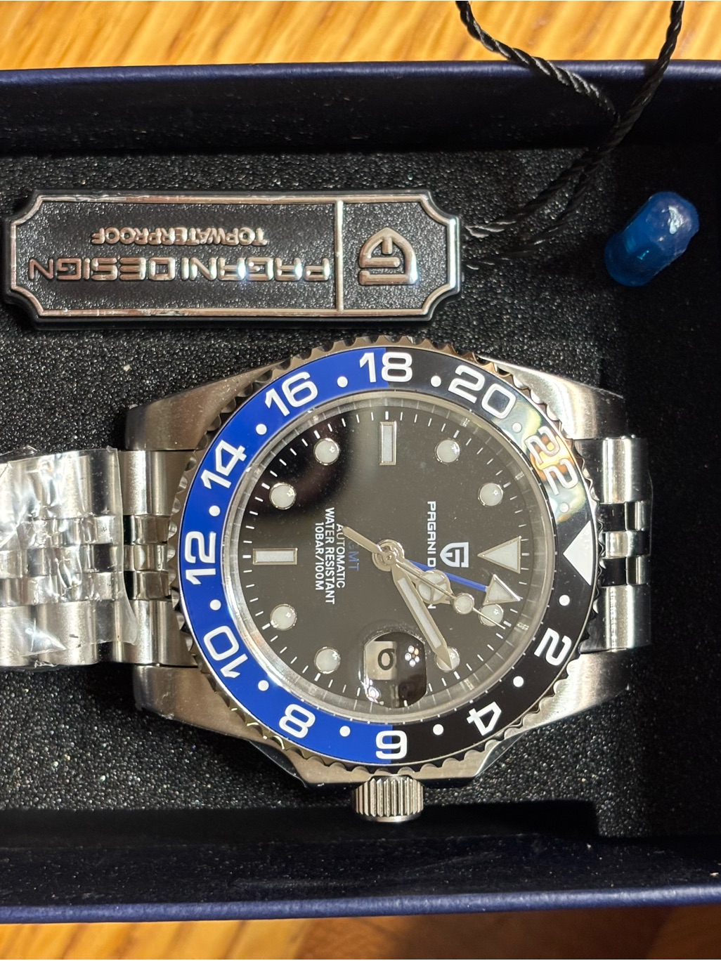 Pagani Design Mens Black Dial Stainless Steel Gmt Watch With BlueBlack Bezel